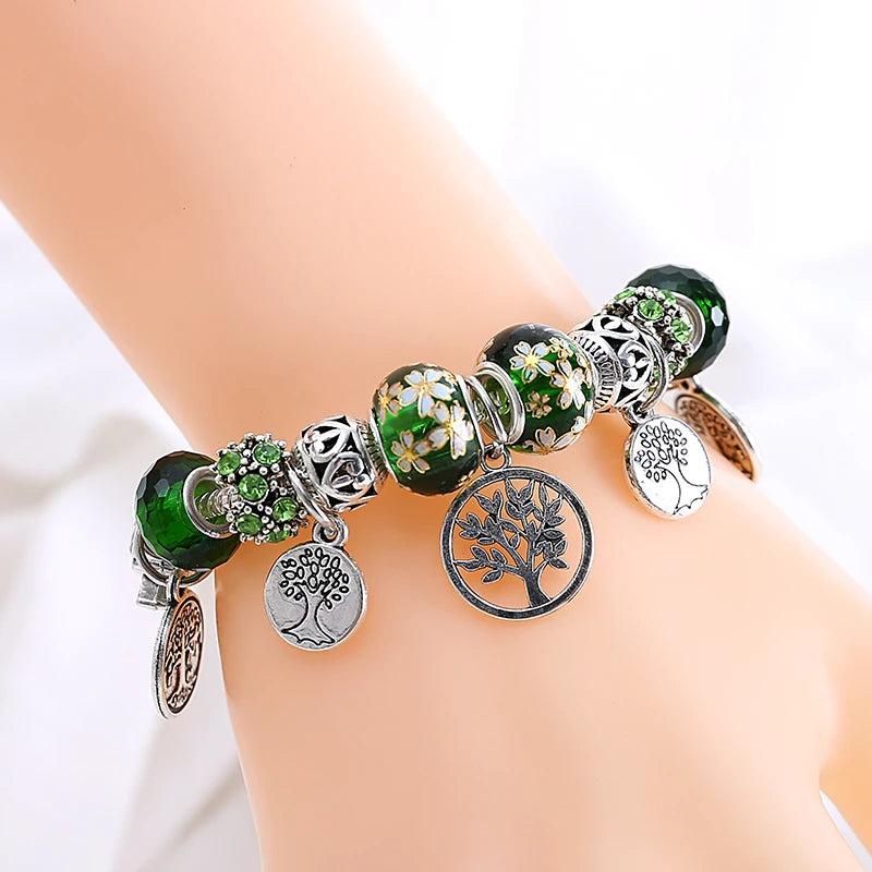 Bracelet-breloque-perles-arbre-de-vie-couleur-argent-fleurs