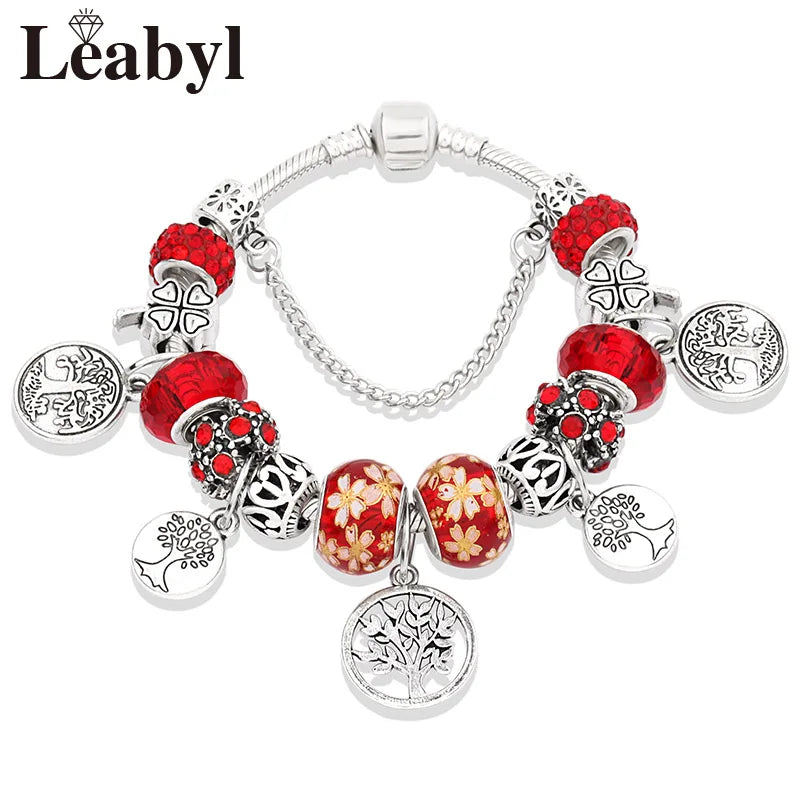 Bracelet-breloque-perles-arbre-de-vie-couleur-argent-rouge