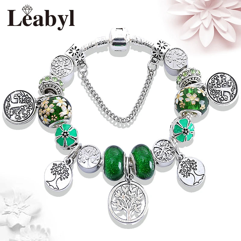 Bracelet-breloque-perles-arbre-de-vie-couleur-argent-vert-fleur