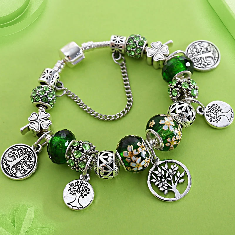 Bracelet-breloque-perles-arbre-de-vie-couleur-argent-vert