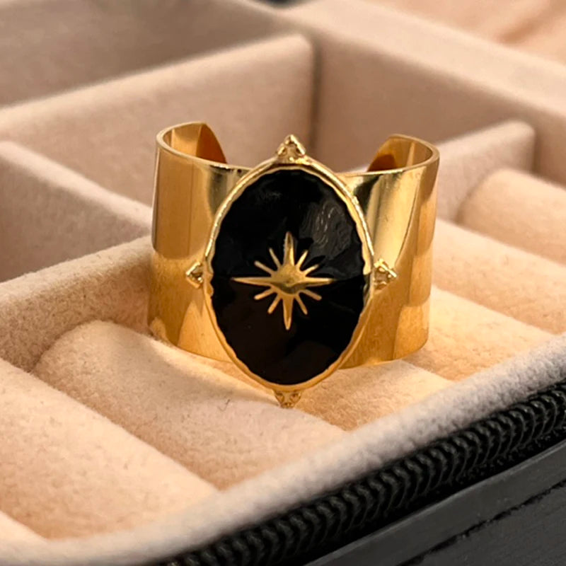 Bague-femme-pierre-naturelle-turquoise-de-boheme-acier-inoxydable-plaque-or-14-carats-onyx-noir-étoile