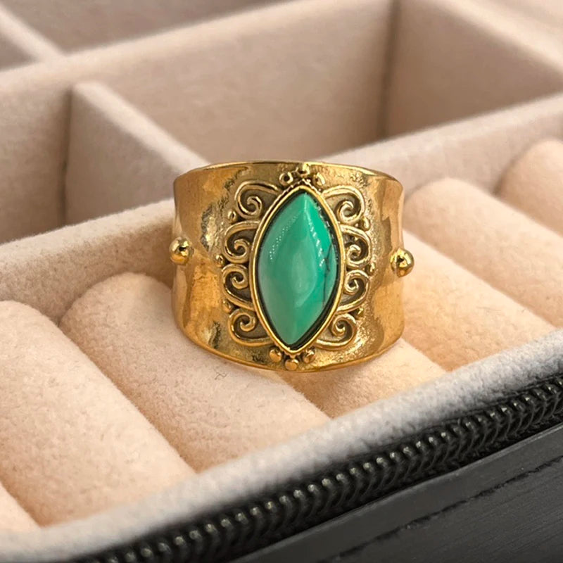 Bague-femme-pierre-naturelle-turquoise-de-boheme-acier-inoxydable-plaque-or-14-carats-malachite