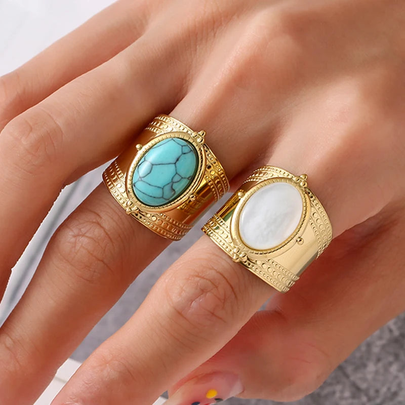 Bague-femme-pierre-naturelle-turquoise-de-boheme-acier-inoxydable-plaque-or-14-carats-turquoise-cristal-blanc