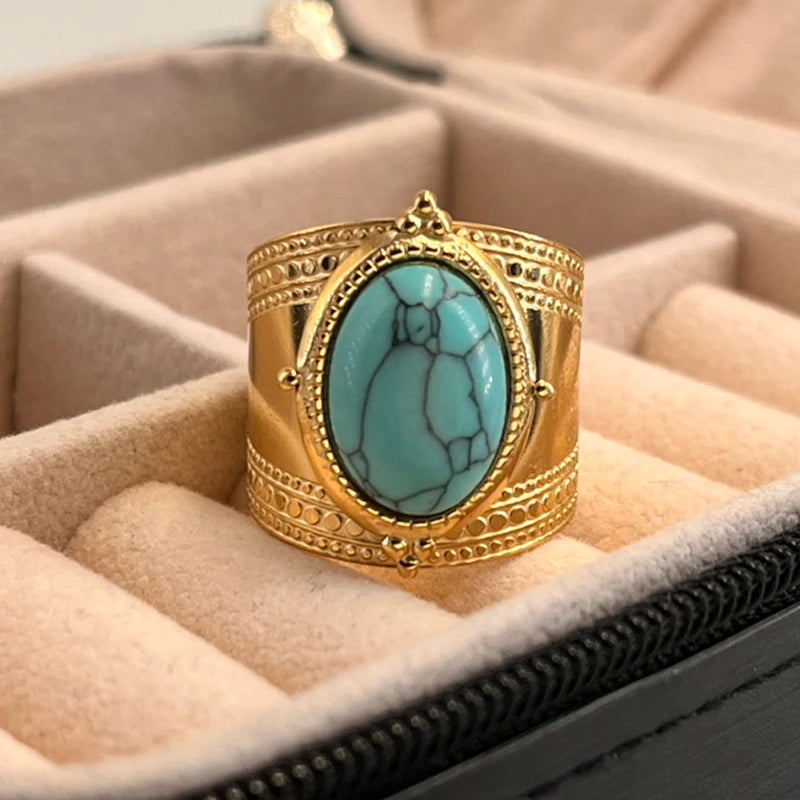 Bague-femme-pierre-naturelle-turquoise-de-boheme-acier-inoxydable-plaque-or-14-carats-turquoise