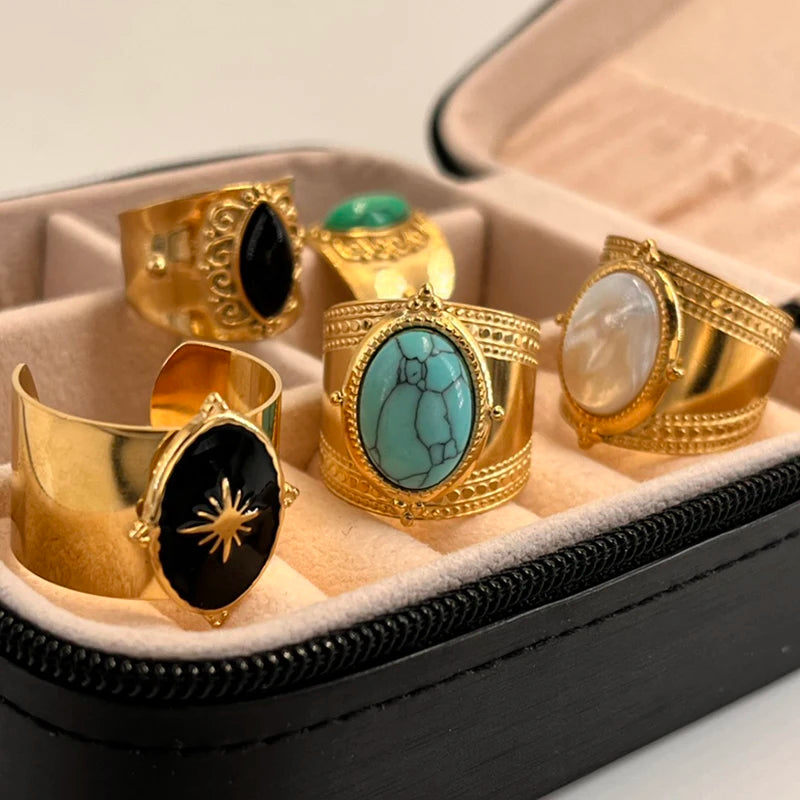 Bague-femme-pierre-naturelle-turquoise-de-boheme-acier-inoxydable-plaque-or -14-carats-modèles