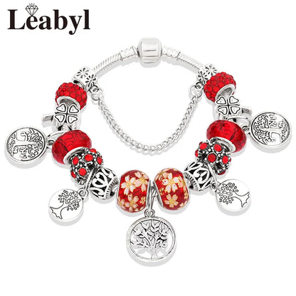 Bracelet-breloque-perles-arbre-de-vie-couleur-argent-rouge