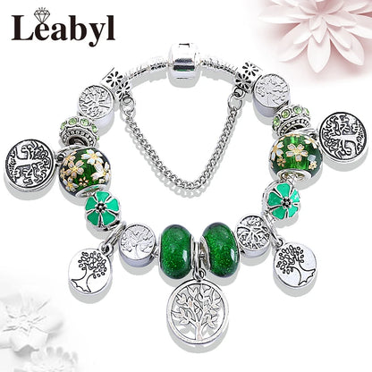 Bracelet-breloque-perles-arbre-de-vie-couleur-argent-vert-fleur