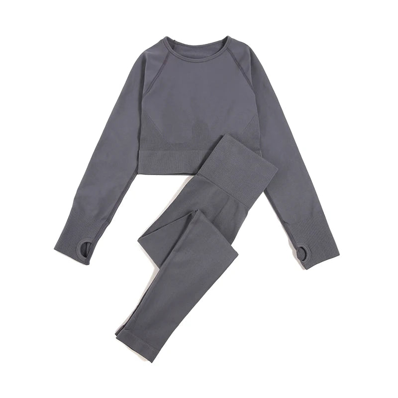 Combinaison-yoga-ensemble-sans-couture-chandail-pantalon-gris