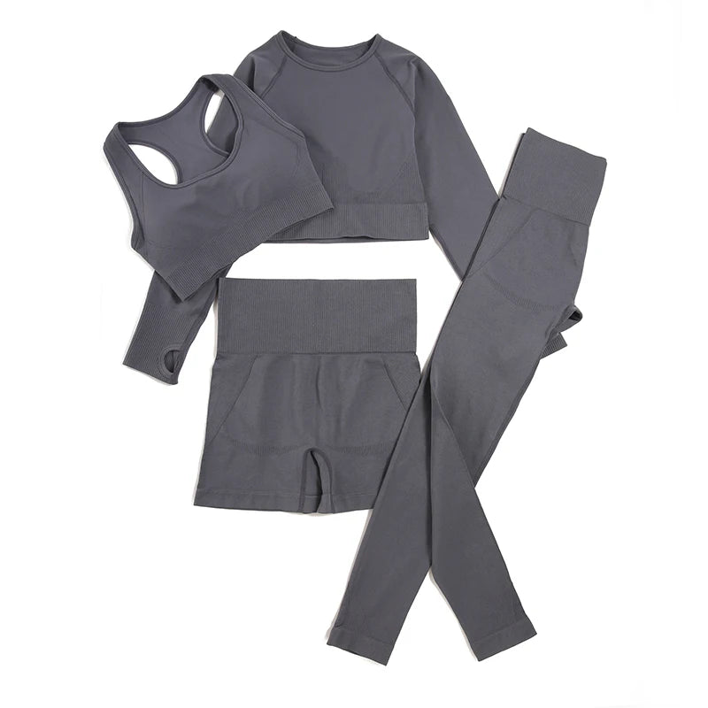 Combinaison-yoga-ensemble-sans-couture-quatre-pièces-gris