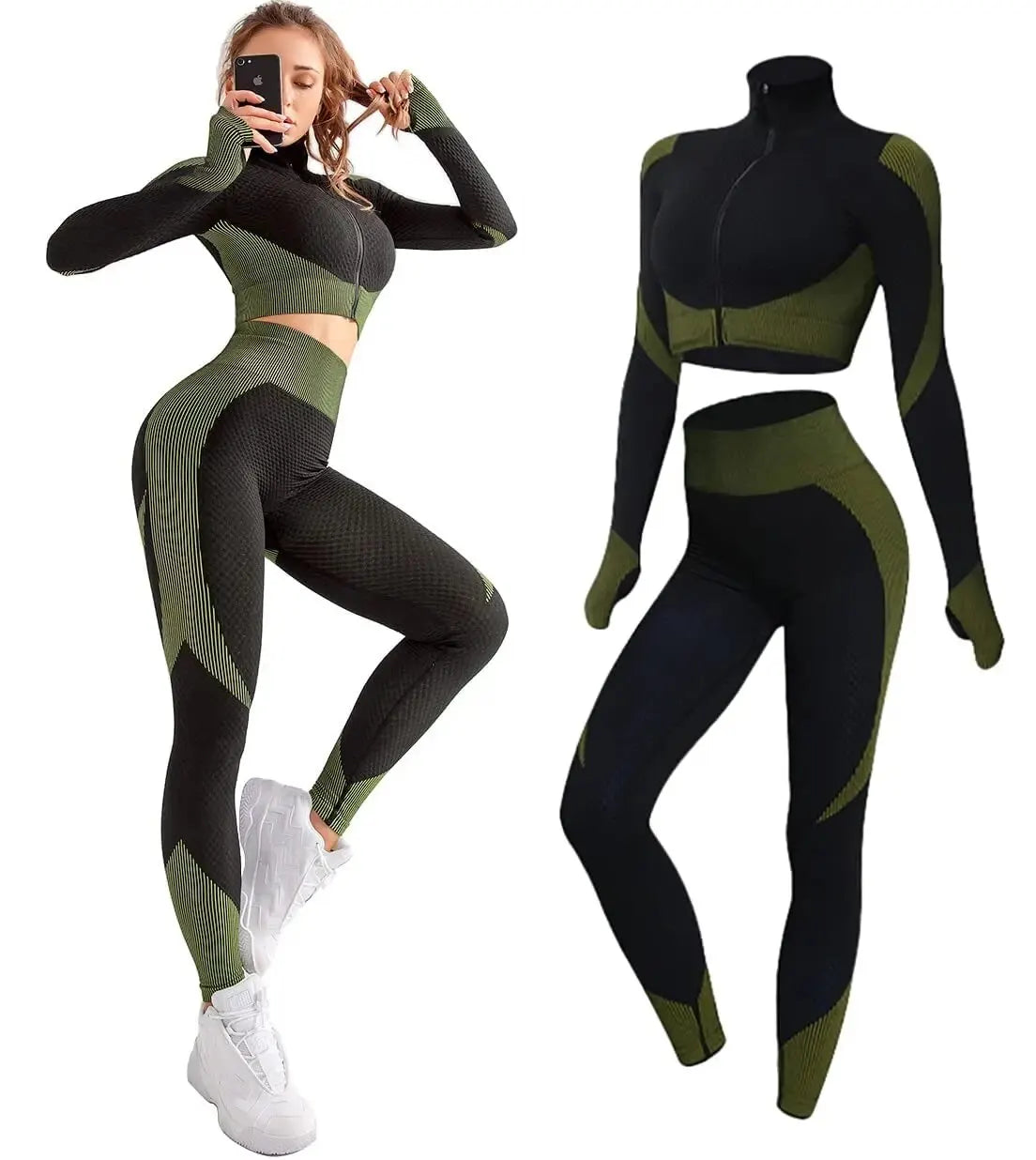 Combinaison-yoga-tenues-entrainement-Veriliss-sans-couture-pour-femmes-confort-vert-noir-2-pièces