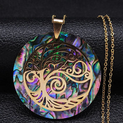 arbre-de-vie-collier-acier-inoxydable-coquille-d'ormeau -noir